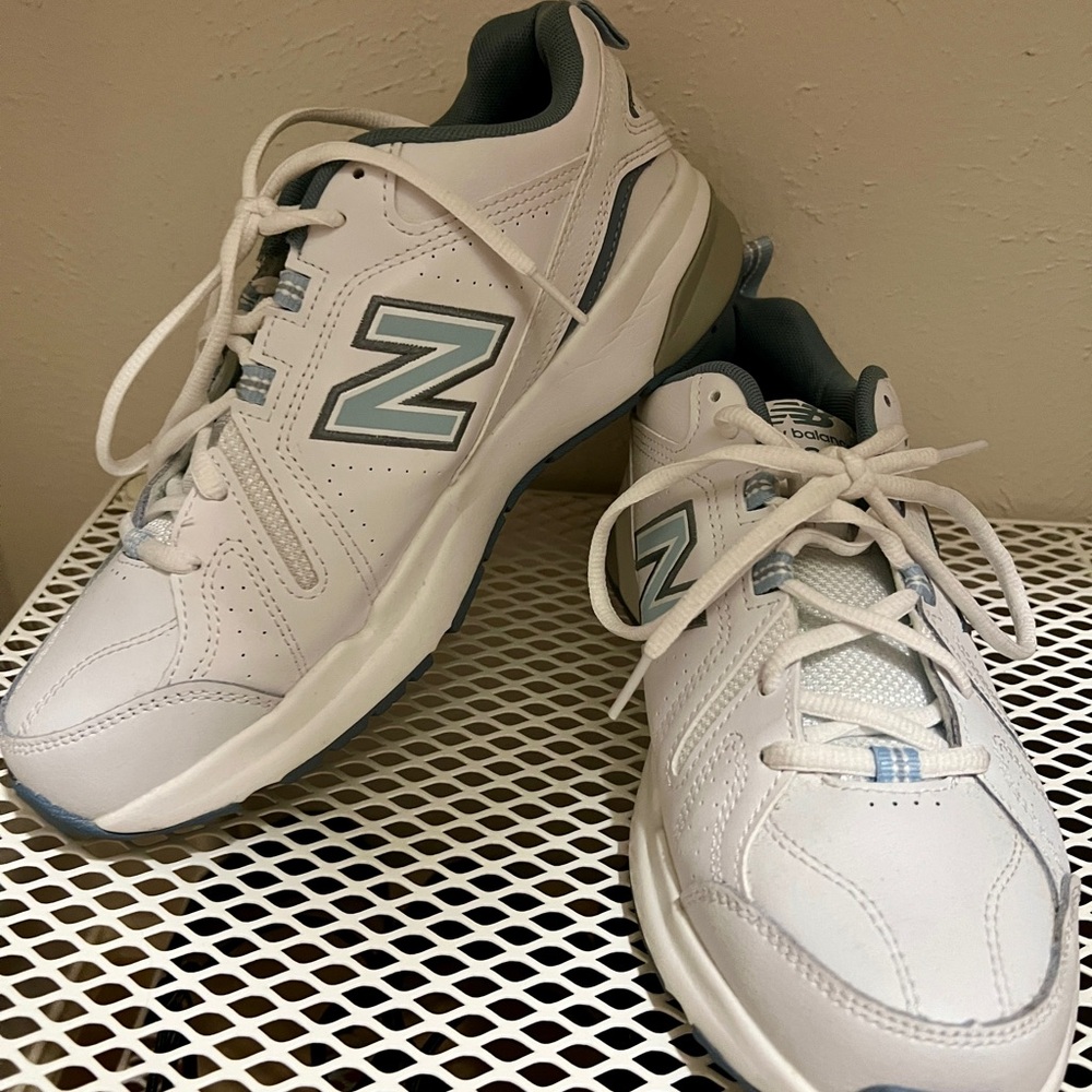 New Balance 608 Women’s White Sneakers with Gray and Light Blue Accents